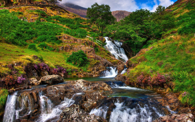 Waterfall valley green hillside blue free wallpaper - medium preview image
