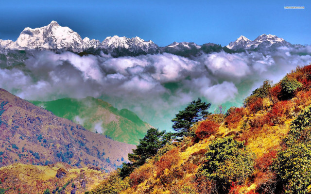 Mountain range clouds trees blue #2 free wallpaper - medium preview image