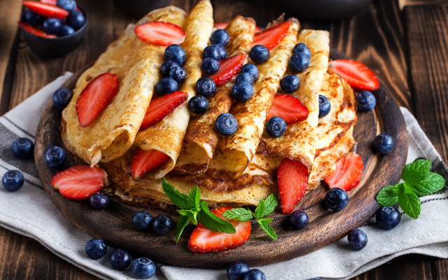 Pancakes fruit coffee wooden table free wallpaper - medium preview image