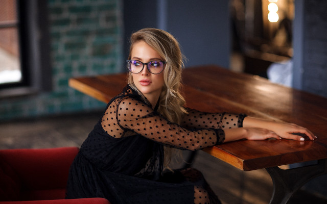 Woman purple glasses red chair free wallpaper - medium preview image