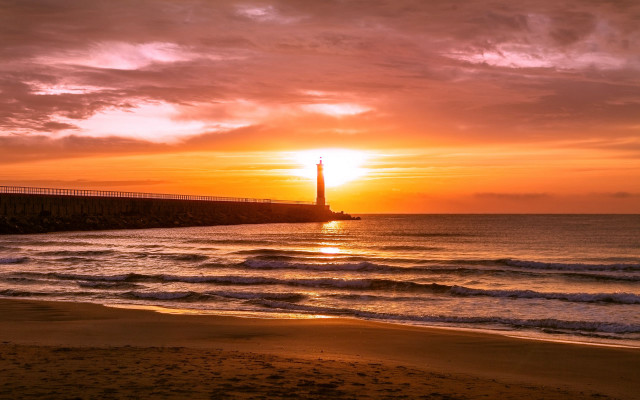 Lighthouse beach sunset ocean mountain free wallpaper - medium preview image