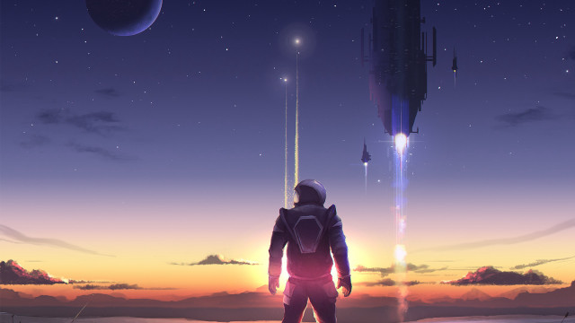 Sunset spaceship planet astronaut clouds free wallpaper - medium preview image