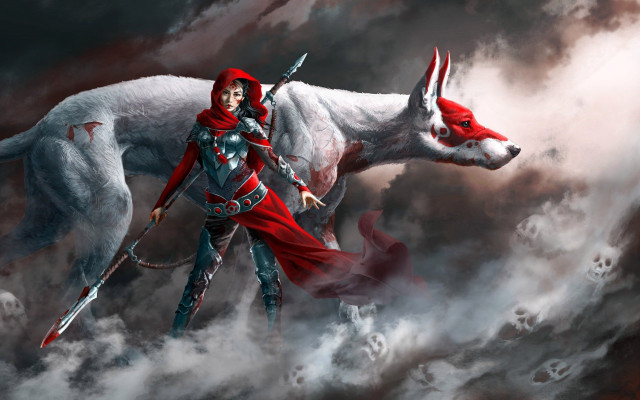 Woman red cape white wolf free wallpaper - medium preview image