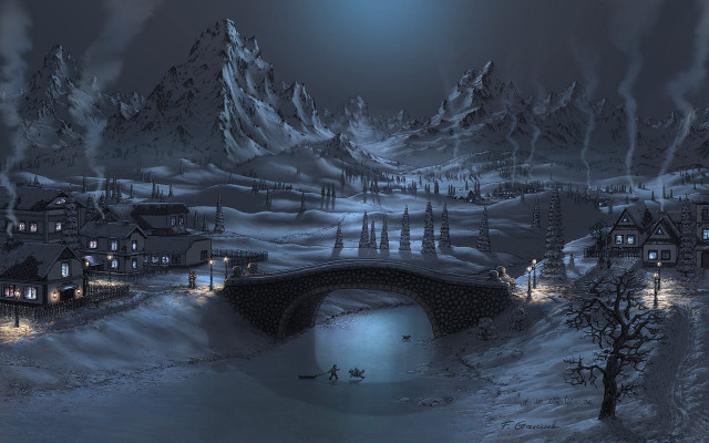 Snowy town bridge river night free wallpaper - medium preview image