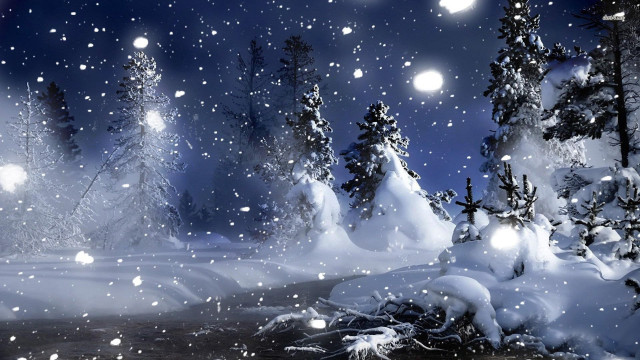 Snowy night stream trees full free wallpaper - medium preview image