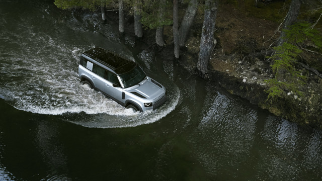 White suv river forest cliff free wallpaper - medium preview image