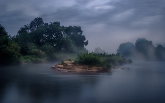 Small island lake fog forest free wallpaper - medium preview image