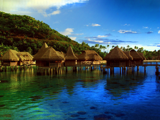 Huts lake forest hillside boat free wallpaper - medium preview image