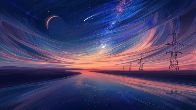 Sunset lake powerlines starry sky free wallpaper - medium preview image