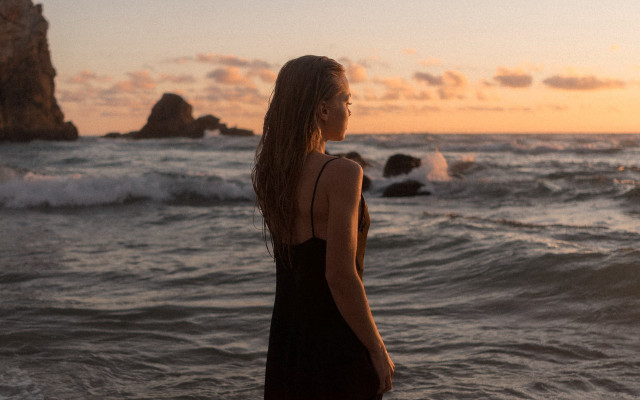 Woman beach sunset ocean waves free wallpaper - medium preview image