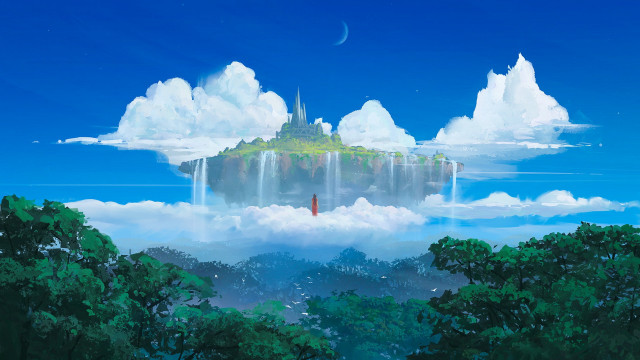 Castle sky waterfall person hill free wallpaper - medium preview image