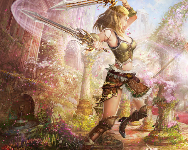 Woman sword fantasy setting flowers free wallpaper - medium preview image
