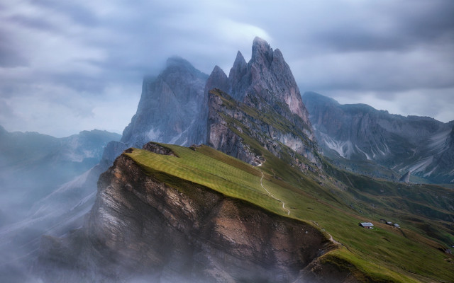 Mountain grassy field house cloudy free wallpaper - medium preview image