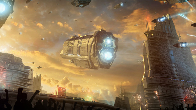 Futuristic city spaceship urban scene free wallpaper - medium preview image
