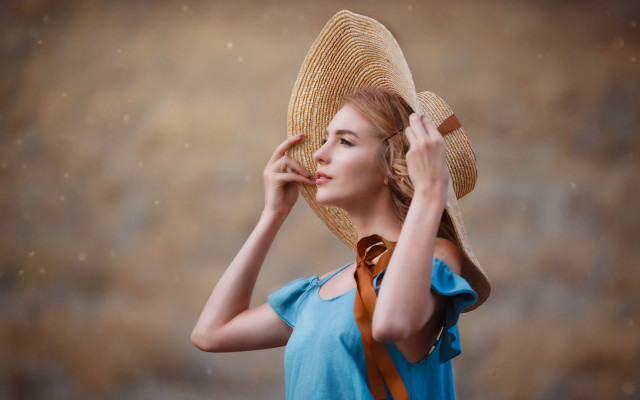Blonde woman blue dress straw free wallpaper - medium preview image