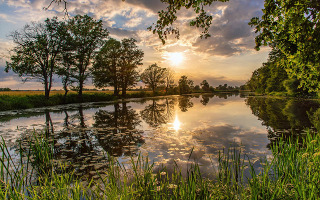 River sunset reflection trees clouds free wallpaper - medium preview image