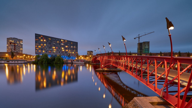 Red bridge cityscape night saturated free wallpaper - medium preview image