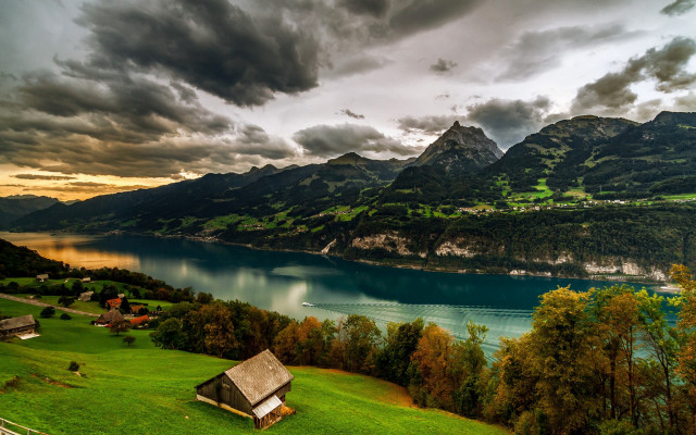 Scenic lake mountains hut cloudy free wallpaper - medium preview image