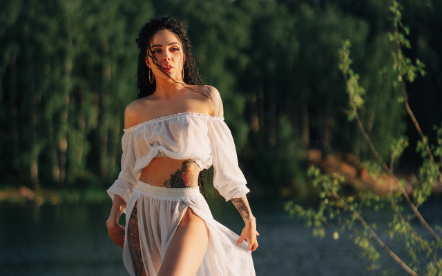 Woman white dress lake forest free wallpaper - medium preview image