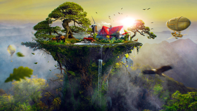 Floating island waterfall house hot free wallpaper - medium preview image
