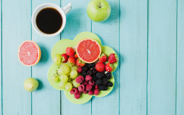 Plate fruit coffee blue table free wallpaper - medium preview image