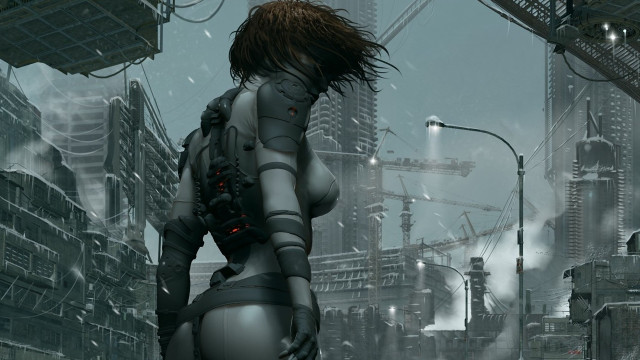 Futuristic woman cityscape cyberpunk lighting free wallpaper - medium preview image