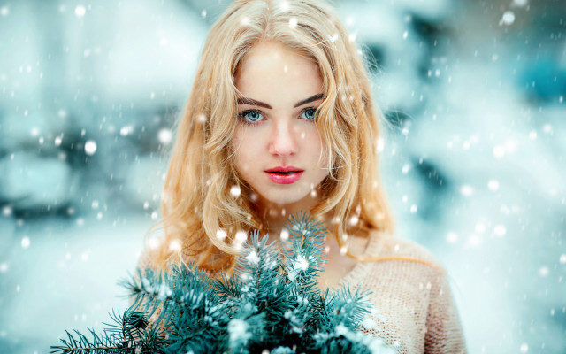 Woman christmas tree snow falling free wallpaper - medium preview image