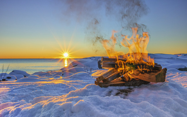 Fire pit snowy sunset water free wallpaper - medium preview image