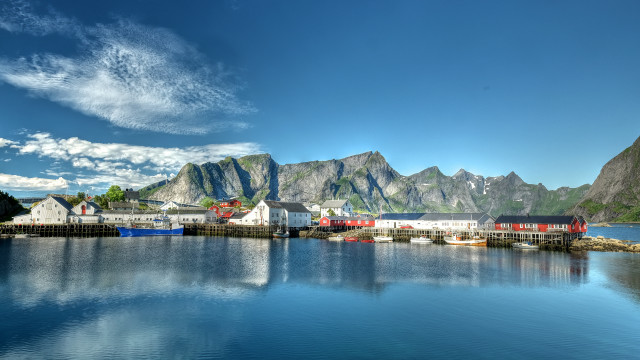 Lake boat mountains sky cityscape free wallpaper - medium preview image