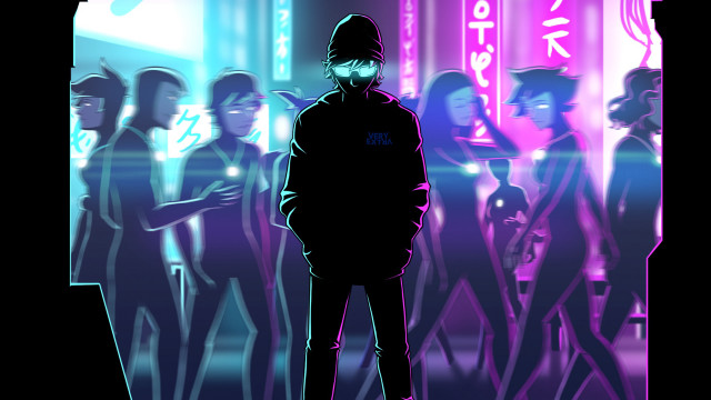Neon cyberpunk masked man crowd free wallpaper - medium preview image