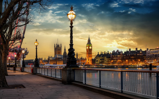 Streetlight river clock tower cloudy free wallpaper - medium preview image