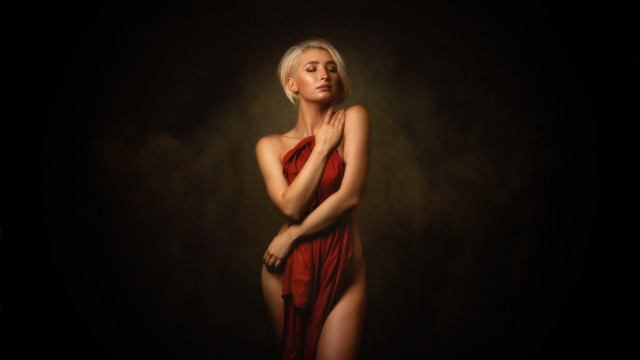 Red dress portrait figurative photorealistic free wallpaper for desktop - medium preview image