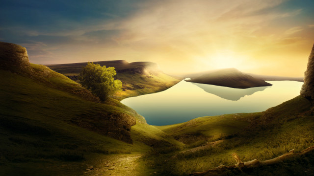 Lake mountains trees sunset island free wallpaper - medium preview image