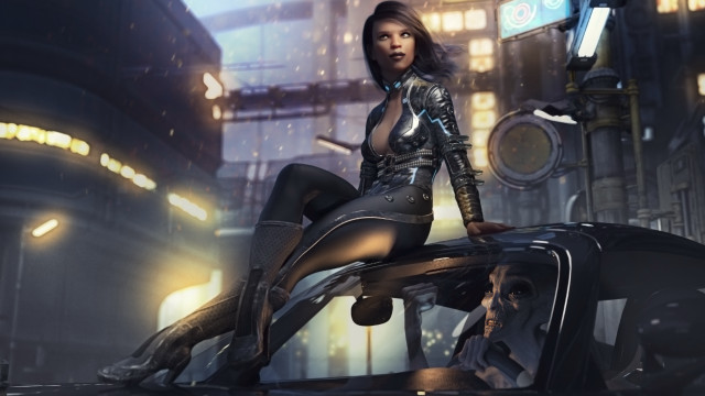 Futuristic city woman cyberpunk afrofuturism free wallpaper - medium preview image