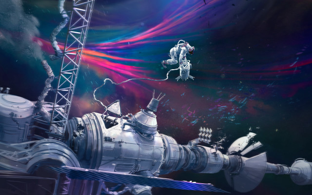 Metal crane planet starry sky free wallpaper - medium preview image