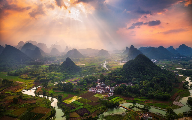 Valley mountains river sunset forest free wallpaper - medium preview image