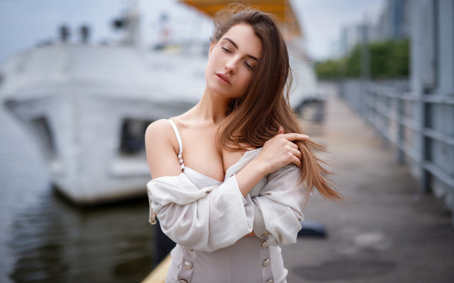 Woman dock boat romantic fashion free wallpaper - medium preview image