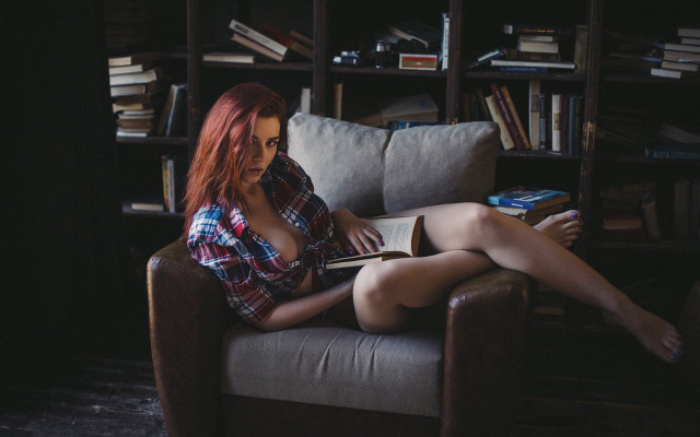 Woman couch library redhair book free wallpaper - medium preview image
