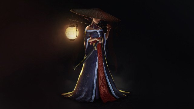 Woman kimono umbrella lantern night free wallpaper - medium preview image