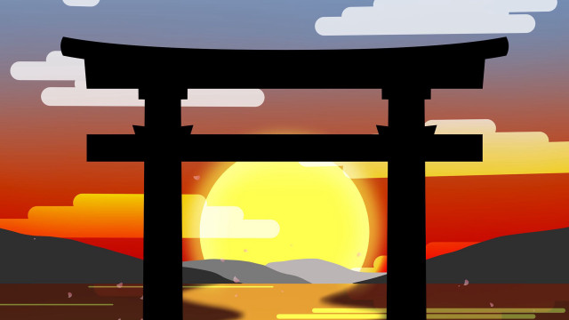 Sunset torii mountain ukiyo e free wallpaper - medium preview image