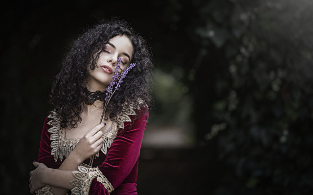 Gothic portrait curlyhair reddress flower free wallpaper - medium preview image