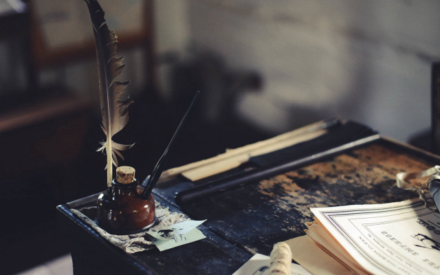 Desk pen inkwell papers clock free wallpaper - medium preview image