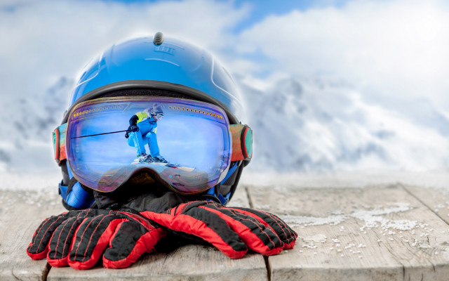 Helmet gloves snow mountains skis free wallpaper - medium preview image