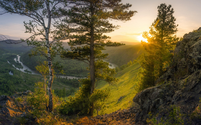Autumn valley river sunset forest free wallpaper - medium preview image