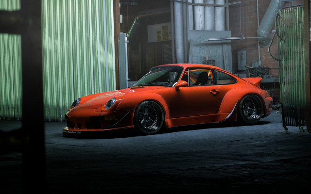 Red car garage green door free wallpaper - medium preview image