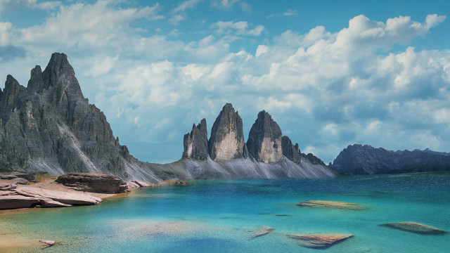 Mountain lake rocks boat sky free wallpaper - medium preview image