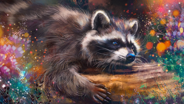 Raccoon resting log flowers blue free wallpaper - medium preview image