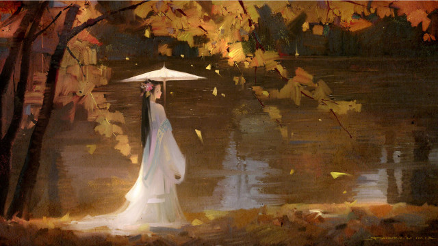 Woman white dress umbrella lake free wallpaper - medium preview image