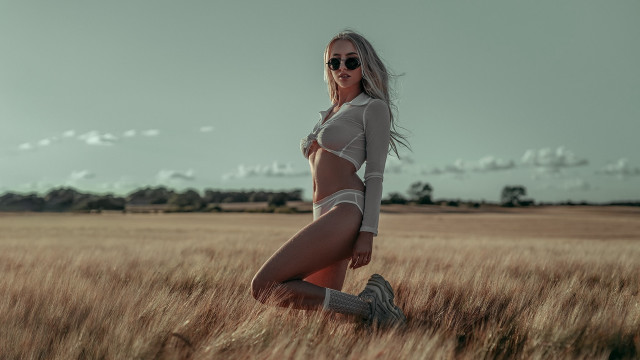 Woman field sunglasses white skirt free wallpaper - medium preview image