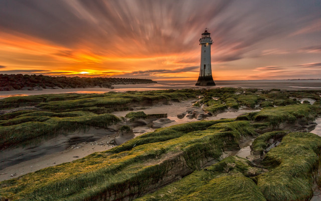 Lighthouse rocky beach sunset moss free wallpaper - medium preview image